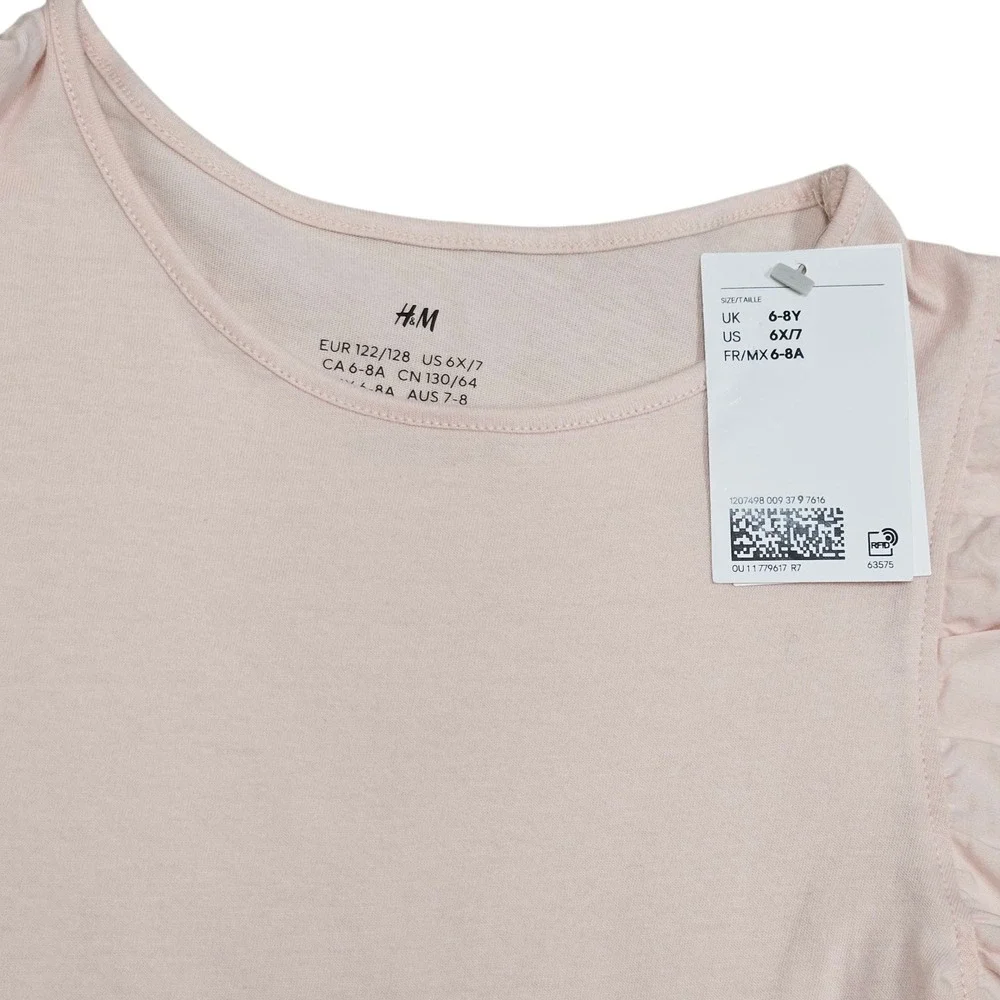 H&M NWT Girls Pink Flutter‎ Sleeve Top Black Lace Trim Size 6-7 Cottagecore